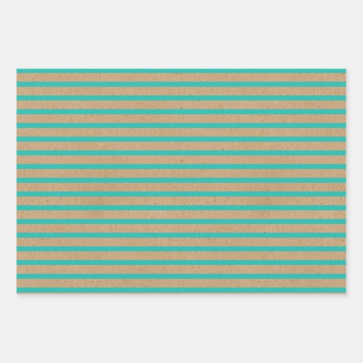 Türkisblaue Linien Imitate Rustikale braune Kraft Geschenkpapier Set (Vorderseite)