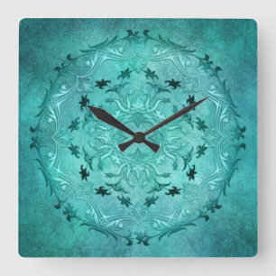 Türkisblaue Mandala Quadratische Wanduhr