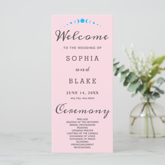 Türkisblaue Mondphasen Soft Pink Hochzeitsprogramm (Stehend Vorderseite)