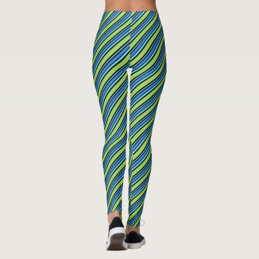 Türkisblaue Neon-grüne schwarze Diagonalstreifen Leggings (Rückseite)