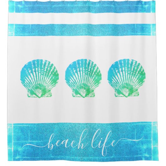 Türkisblaue Obre seashell Beach Life Script Duschvorhang (Vorderseite)