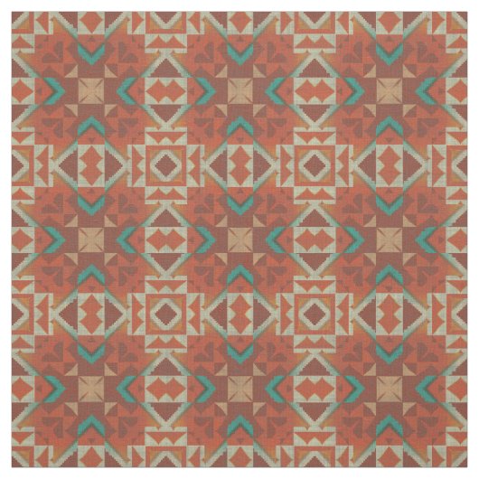 Türkisblaue Orange Aztec Mosaikmuster Stoff (Muster)