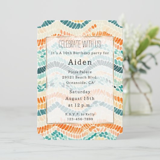 Türkisblaue Orange Peach Wasserfarbe Wavy Streifen Einladung (Stehend Vorderseite)