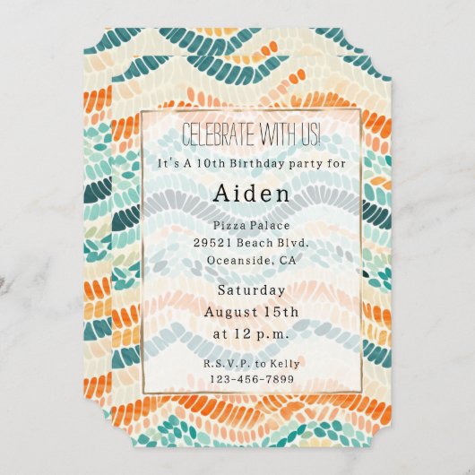 Türkisblaue Orange Peach Wasserfarbe Wavy Streifen Einladung (Vorne/Hinten)