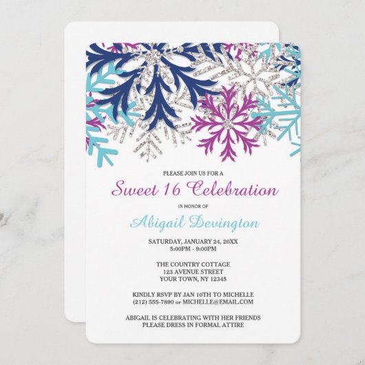 Türkisblaue Orchideenschneeflocken Süß 16 Einladung (Vorne/Hinten)