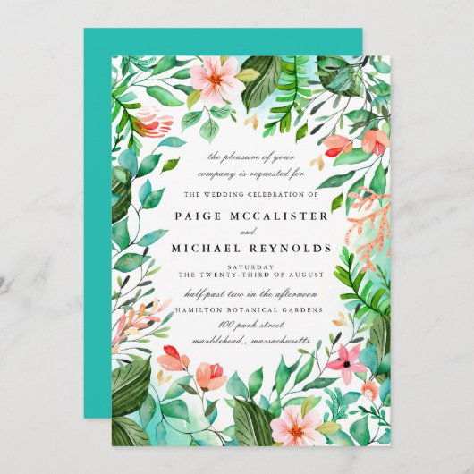 Türkisblaue Rosa Blumenblume Botanische Hochzeit Einladung (Vorne/Hinten)