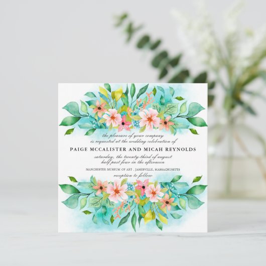 Türkisblaue Rosa Blumenblume Botanische Hochzeit Einladung (Stehend Vorderseite)