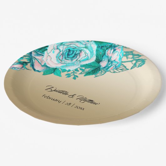 Türkisblaue Rose auf Goldhochzeit Pappteller (Schrägansicht)