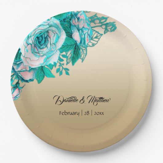 Türkisblaue Rose auf Goldhochzeit Pappteller (Vorderseite)
