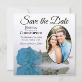 Türkisblaue Rose auf weißem Oval Foto Hochzeit Save The Date (Vorderseite)