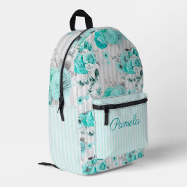 Türkisblaue Rose, graue Streifen und Monogramm Bedruckter Rucksack