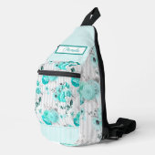 Türkisblaue Rose, graue Streifen und Monogramm Crossbody Bag (Rechte Ecke)
