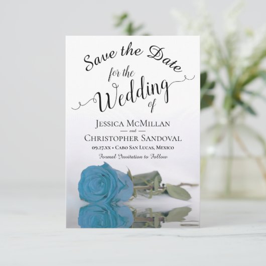 Türkisblaue Rose Reflektieren Romantische Hochzeit Save The Date (Stehend Vorderseite)