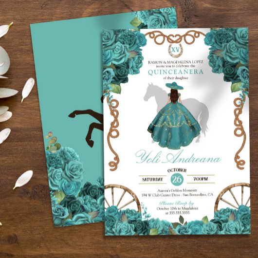 Türkisblaue Rose Rustikaler Western Quinceanera Einladung