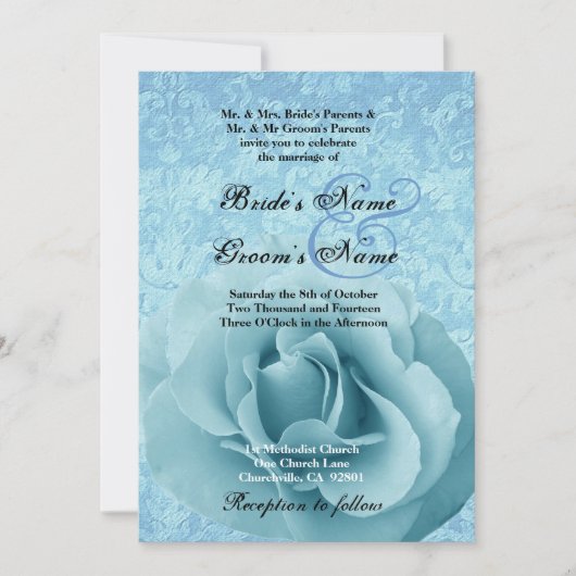 Türkisblaue Rose und Damask Hochzeit Einladung (Vorderseite)