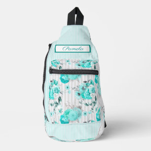 Türkisblaue Rosen, graue Streifen und Monogramm Crossbody Bag