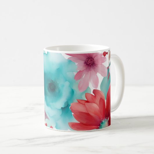 Türkisblaue Rote Wasserfarbe Frühlingsblumen Kaffeetasse (VorderseiteRechts)