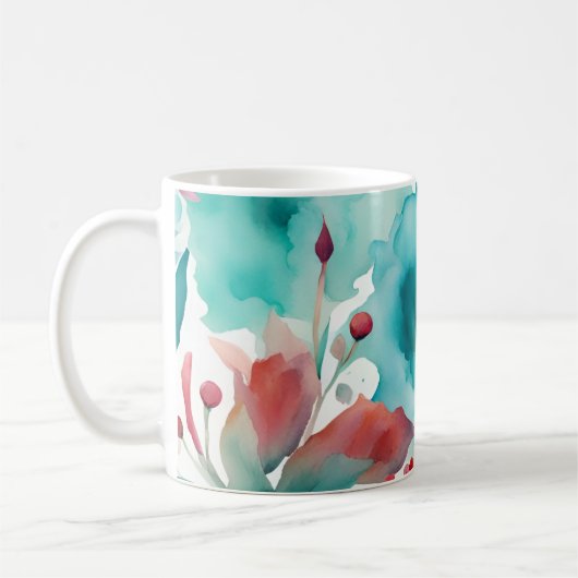 Türkisblaue Rote Wasserfarbe Frühlingsblumen Kaffeetasse (Links)