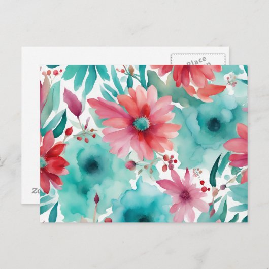 Türkisblaue Rote Wasserfarbe Frühlingsblumen Postkarte (Vorne/Hinten)