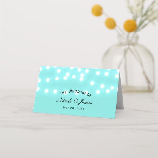 Türkisblaue Saitenleuchten Eleganter Tisch Platzkarte (Vorderseite)