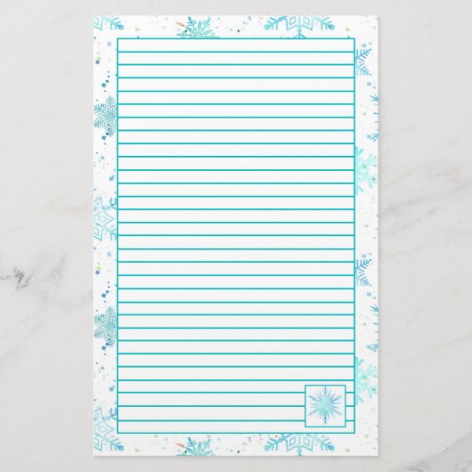 Türkisblaue Schneeflocken Liniert Briefpapier (Vorderseite)