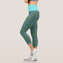 Türkisblaue Schwarz-Diamant-Muster Sportarten Capri Leggings