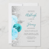 Türkisblaue Silber Grau QR Code Hochzeit Einladung (Vorderseite)