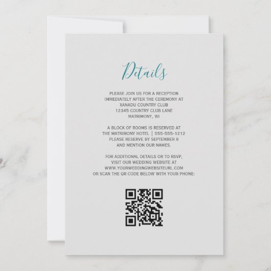 Türkisblaue Silber Grau QR Code Hochzeit Einladung (Rückseite)