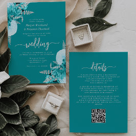 Türkisblaue Silver Floral QR Code Hochzeit Einladung