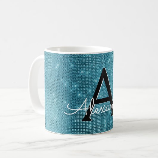 Türkisblaue Sparkle Monogram Name & Initial Kaffeetasse (Vorderseite Links)