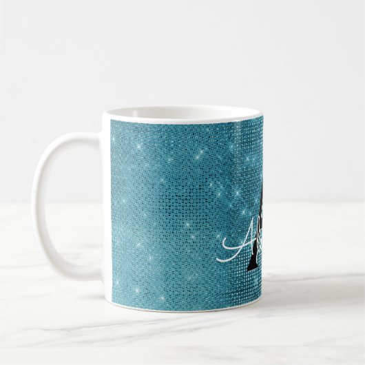 Türkisblaue Sparkle Monogram Name & Initial Kaffeetasse (Links)