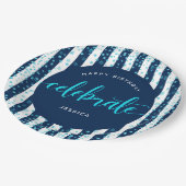 Türkisblaue Streifen zum Geburtstag eines Glitzer Pappteller (Schrägansicht)