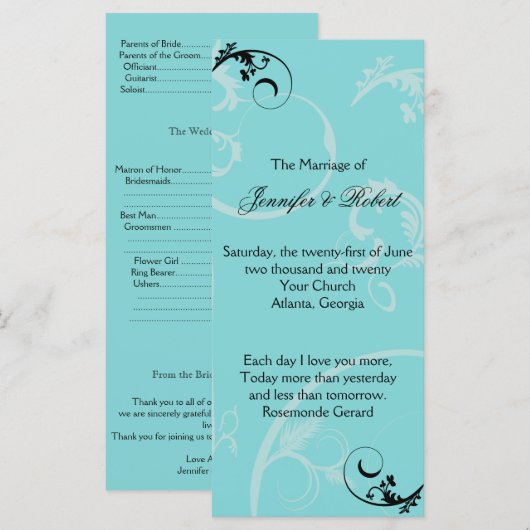 Türkisblaue Swirl Blühend Hochzeitsprogramm Programm (Vorne/Hinten)