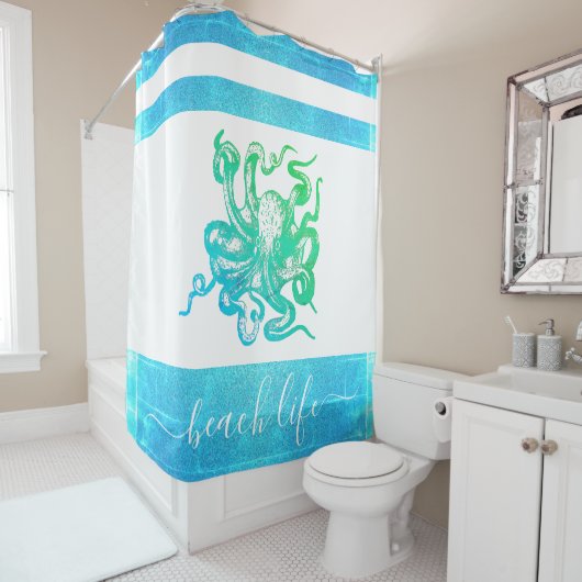Türkisblaue Tintenfisch-Strandlebensschrift Duschvorhang (Beispiel)