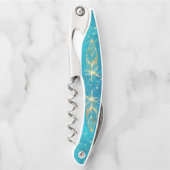 Türkisblaue und goldene Federn und Sterne Kellnermesser (Vorderseite)