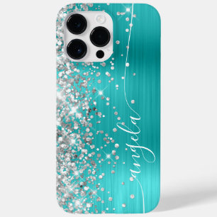 Türkisblaue und silberne Glitter-Glam-Signatur Case-Mate iPhone 14 Pro Max Hülle