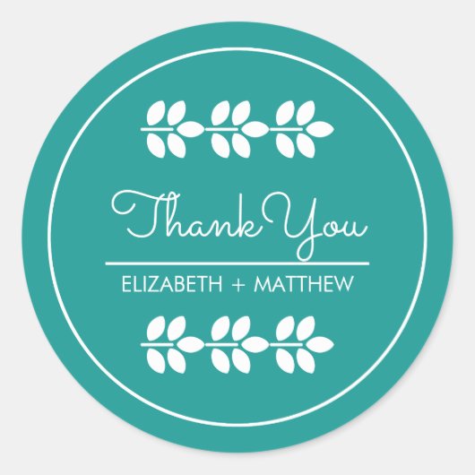 Türkisblaue weiße Blätter Hochzeit Danke Runder Aufkleber (Vorderseite)