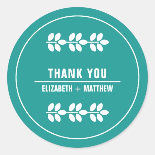 Türkisblaue weiße Blätter Hochzeit Danke Runder Aufkleber (Vorderseite)