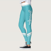 Türkisblaue, weiße Streifen & Name Moderne Leggings (Links)