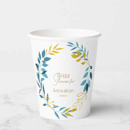 Türkisblauer und goldener Teller Pappbecher (Vorderseite)