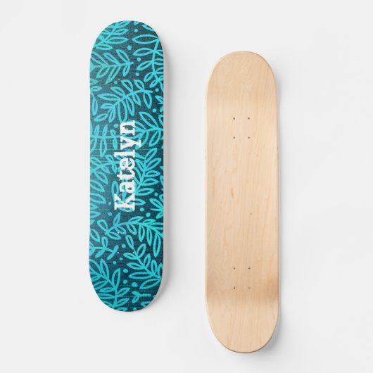 Türkisblaues Blattmuster individuelle Name cool fe Skateboard (Vorderseite)