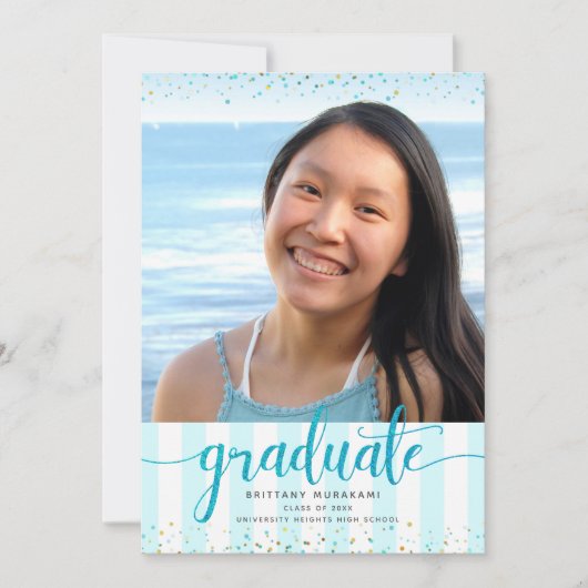 Türkisblaues Glitzer Foto Abschluss Ankündigung (Vorderseite)