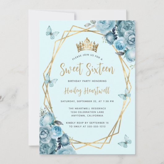 Türkisblaues goldenes geometrisches Blumensüß 16 Einladung (Vorderseite)