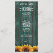 Türkisblaues Holz Rustikale Sonnenblumen Hochzeits Programm (Rückseite)