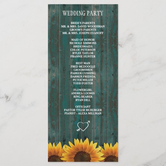 Türkisblaues Holz Rustikale Sonnenblumen Hochzeits Programm (Rückseite)