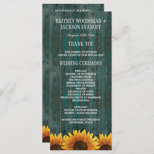 Türkisblaues Holz Rustikale Sonnenblumen Hochzeits Programm (Vorne/Hinten)