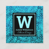 Türkisblaues Monogramm-Blattmuster, modern botanis Quadratische Visitenkarte (Vorderseite)