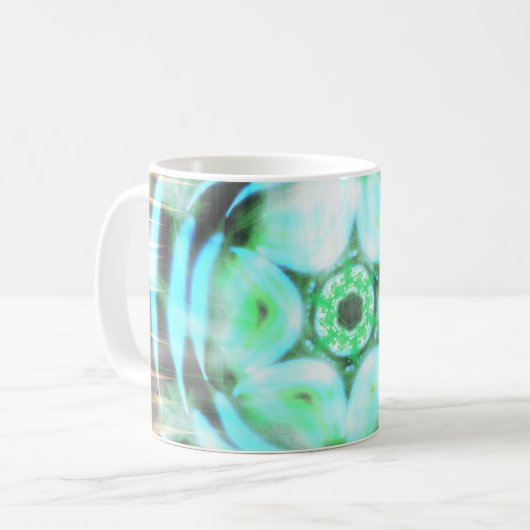 Türkisblaues Rad auf schwarzem Abstrakt Kaffeetasse (Vorderseite Links)