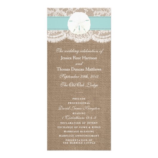 Türkisblaues Sandstrand-Dollar-Hochzeitsprogramm Werbekarte (Vorne)