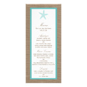 Türkisblaues "Starfish Burlap Beach Wedding Menu" Werbekarte (Vorne)